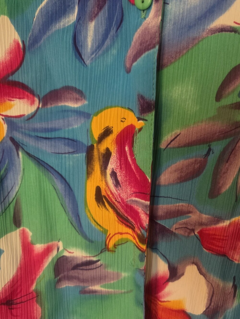 Vintage Women's Button Up Blue Floral Bird Tropical Hawaiian Beachy Shirt Sz 12 - Picture 3 of 5